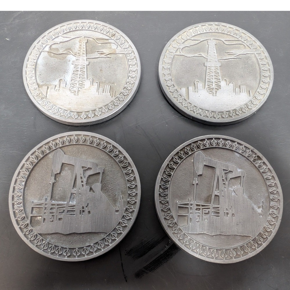 Vintage Coasters Cast Metal Oil Field Set of 4 Derrick Pumpjack Petroleum Decor